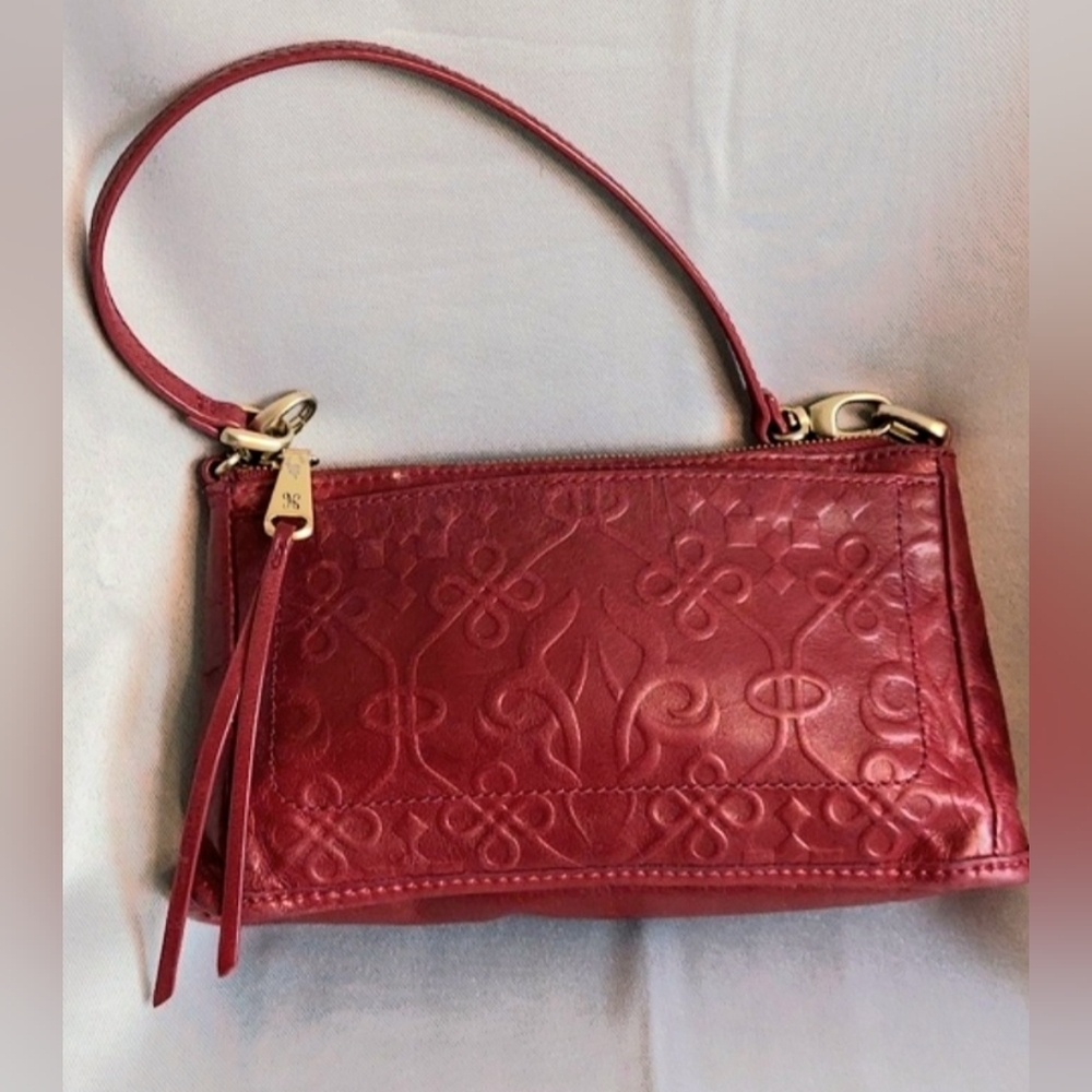HOBO Pouchette, Leather, Scroll Tooling, Cranberry, Brass Hardware, Single Strap